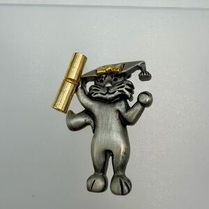 Graduation Cat Brooch in Silver and Gold signed